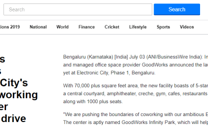 In News on Yahoo: GoodWorks launches Electronic City’s largest coworking space